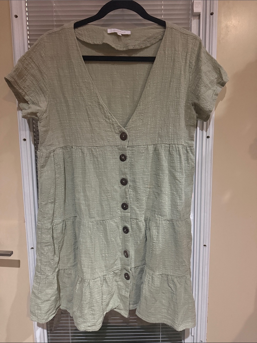Olivaceous Sage Tiered Button-Front Mini Dress